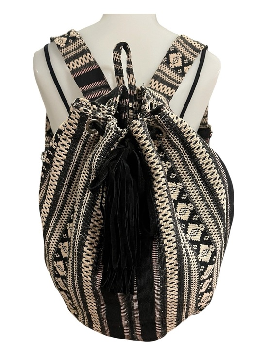 Raj LA Handbags - Woven Black & Cream Boho Drawstring Backpack with Leather Tassels